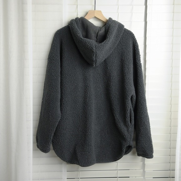 Old Navy Oversized Sherpa Hoodie Teddy Fleece Pullover L Charcoal Gray Cozy - Picture 4 of 7